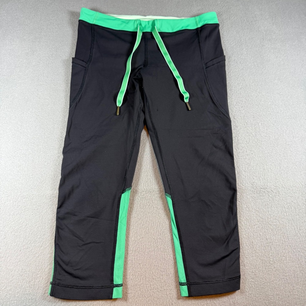 Lululemon Beach Runner Crop Leggings Size 6 Black Very Green Pockets Drawstring